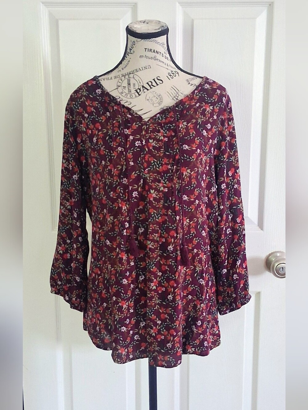 Boho Womens Burgundy Floral Tie-Neck Tunic Blouse L